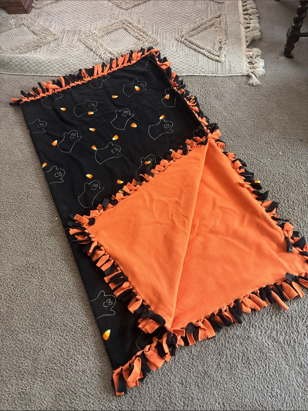 Halloween Ghost & Candy Corn Reversible Fleece Throw Blanket - Black & Orange